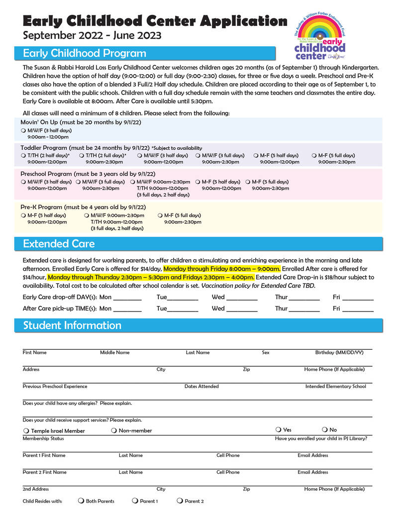 Temple Israel - Early Childhood Application